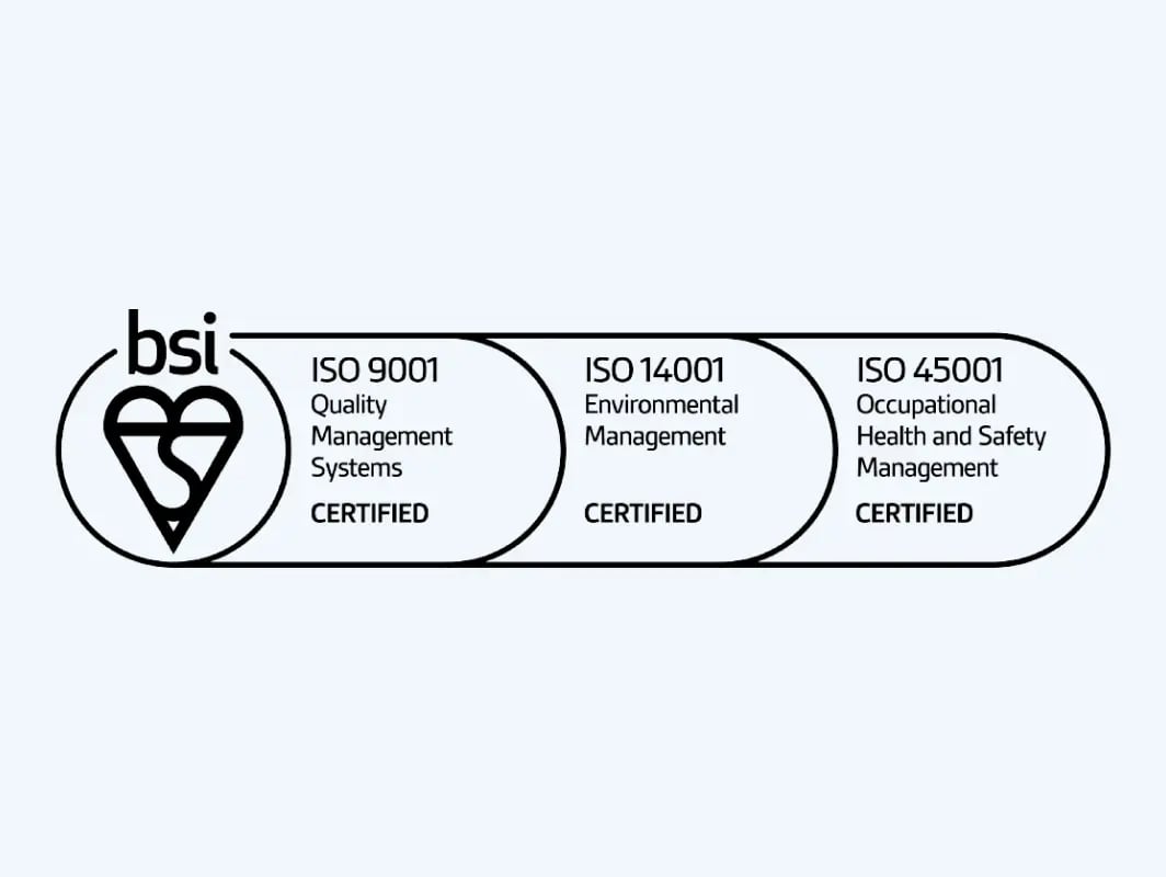 Logos for BSI ISO 9001, ISO 14001, and ISO 45001 certifications with "CERTIFIED" labels.