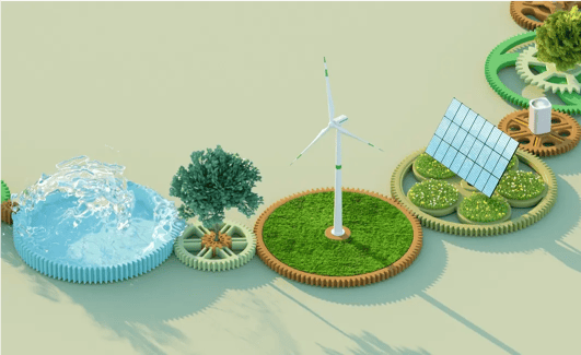 Illustration 3D d'engrenages interconnectés avec des sources d'énergie renouvelables : eau, éolienne et panneaux solaires.